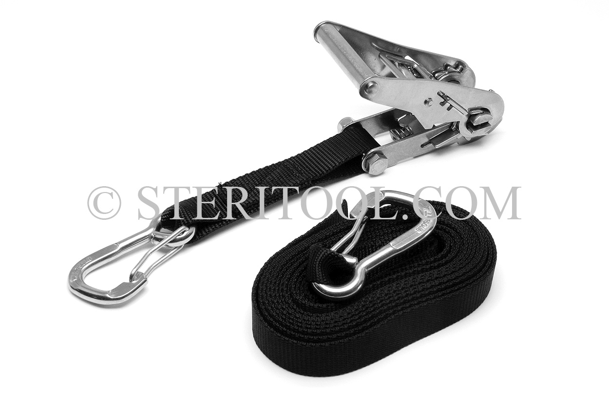 STERITOOL INC - #10447 - 1.5 Stainless Steel Wide Handle Tie Down with 20'  of Nylon Webbing & Hooks. #10447