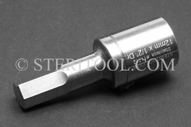#11712 - 12mm Hex x 1/2 DR Stainless Steel Bit. 1/2 dr, 1/2dr, 1/2-dr, hex, bit, staInless steel