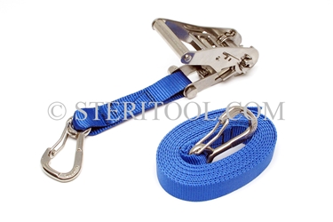 #10415P - 2" Stainless Steel Ratchet Tie Down with 20 of Poly Webbing & Hooks. tiedown, tie-down, tie down, webbing, strapping, rigging, stainless steel